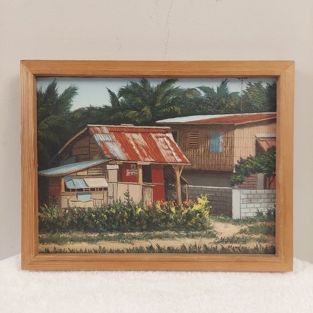 Mendez Manila 77 Beach Shack Tropical Landscape Framed 10x13 Signed Oil Painting